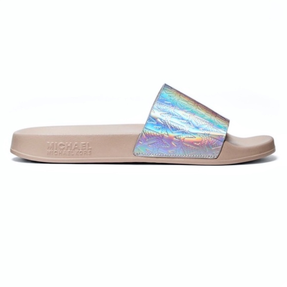 MICHAEL KORS Gilmore Debossed Iridescent Metallic Logo Slides - Picture 2 of 7